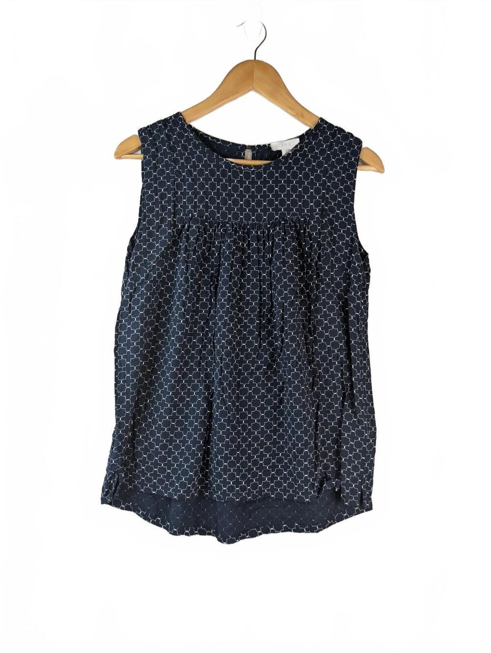 LOFT Sleeveless Pintuck‎ Navy Blue Blouse with White Geometric Pattern Size S